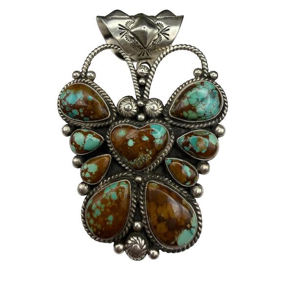 Navajo Tyler Brown Sterling Silver Thunderbird Turquoise Butterfly Pendant - 51g